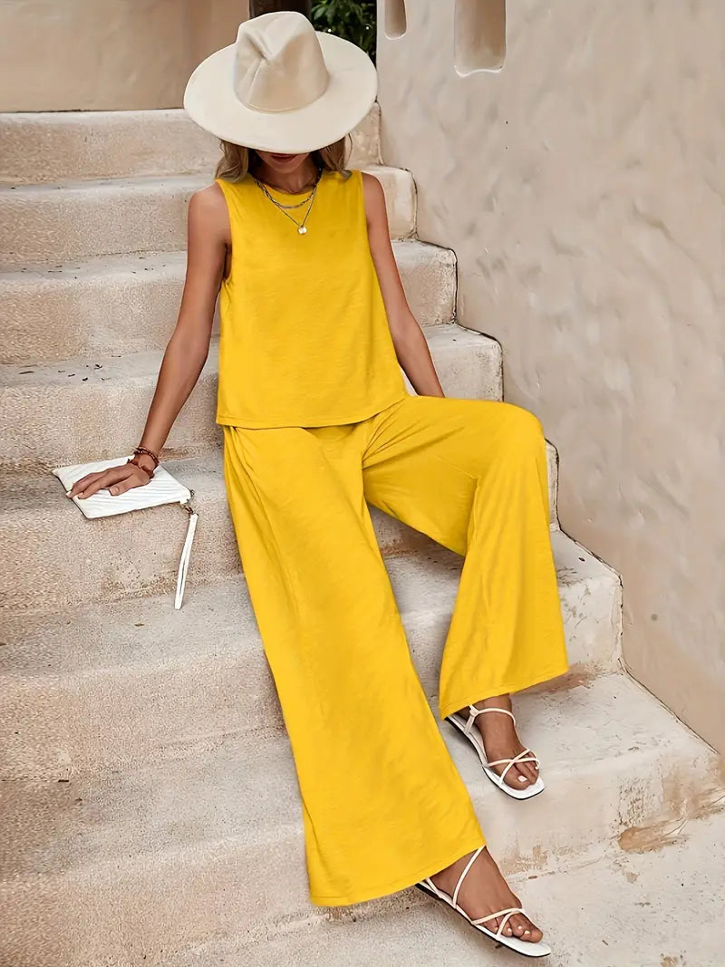 Women's Linen Sleeveless Top & Wide-Leg Pants Set