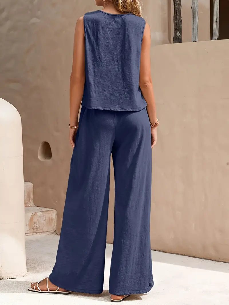 Women's Linen Sleeveless Top & Wide-Leg Pants Set