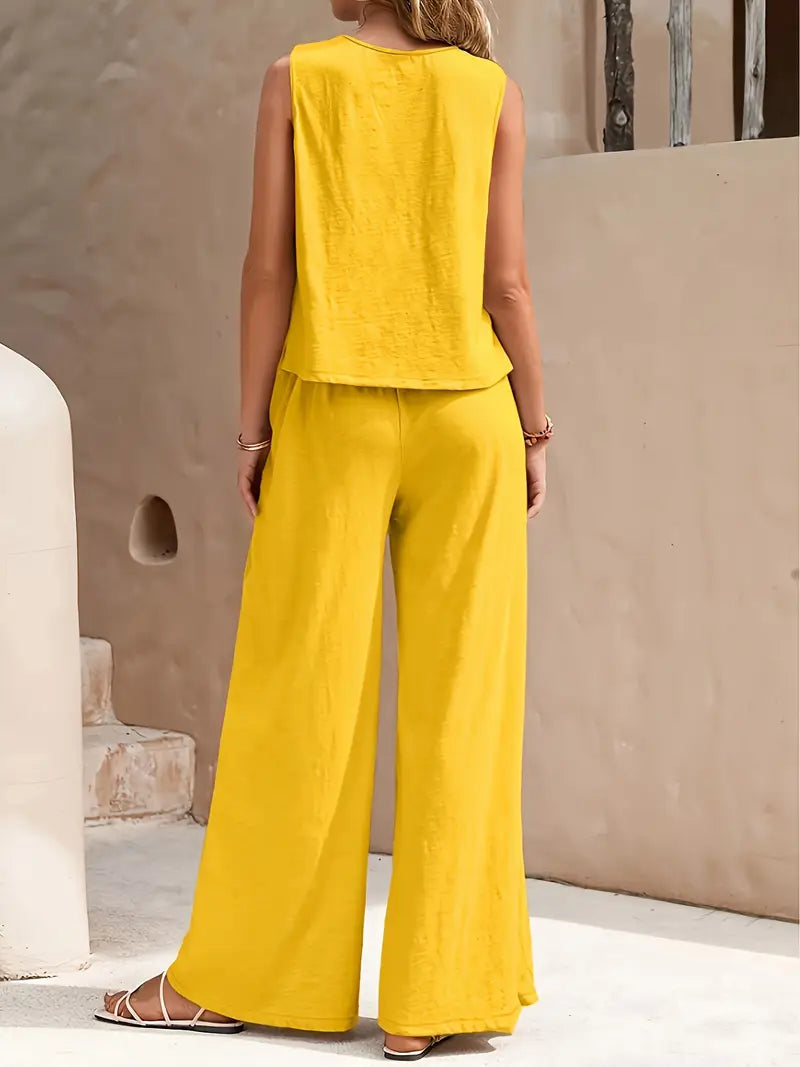 Women's Linen Sleeveless Top & Wide-Leg Pants Set
