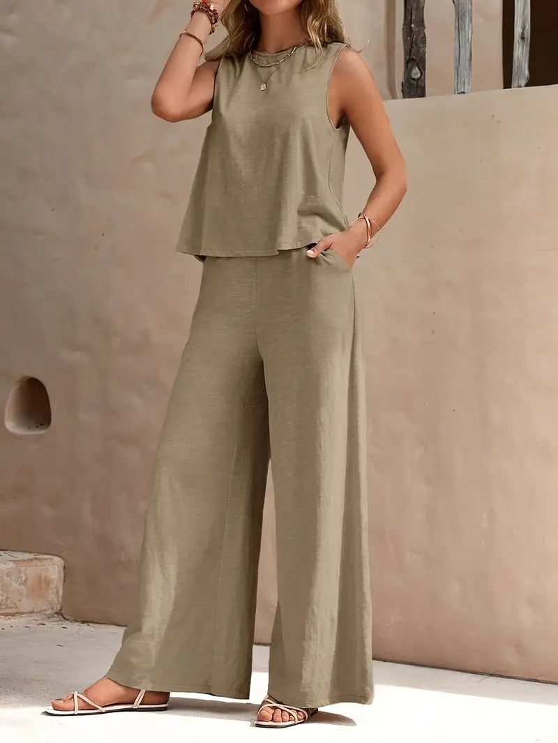 Women's Linen Sleeveless Top & Wide-Leg Pants Set