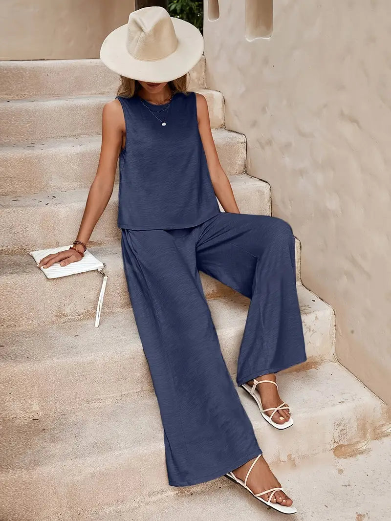 Women's Linen Sleeveless Top & Wide-Leg Pants Set