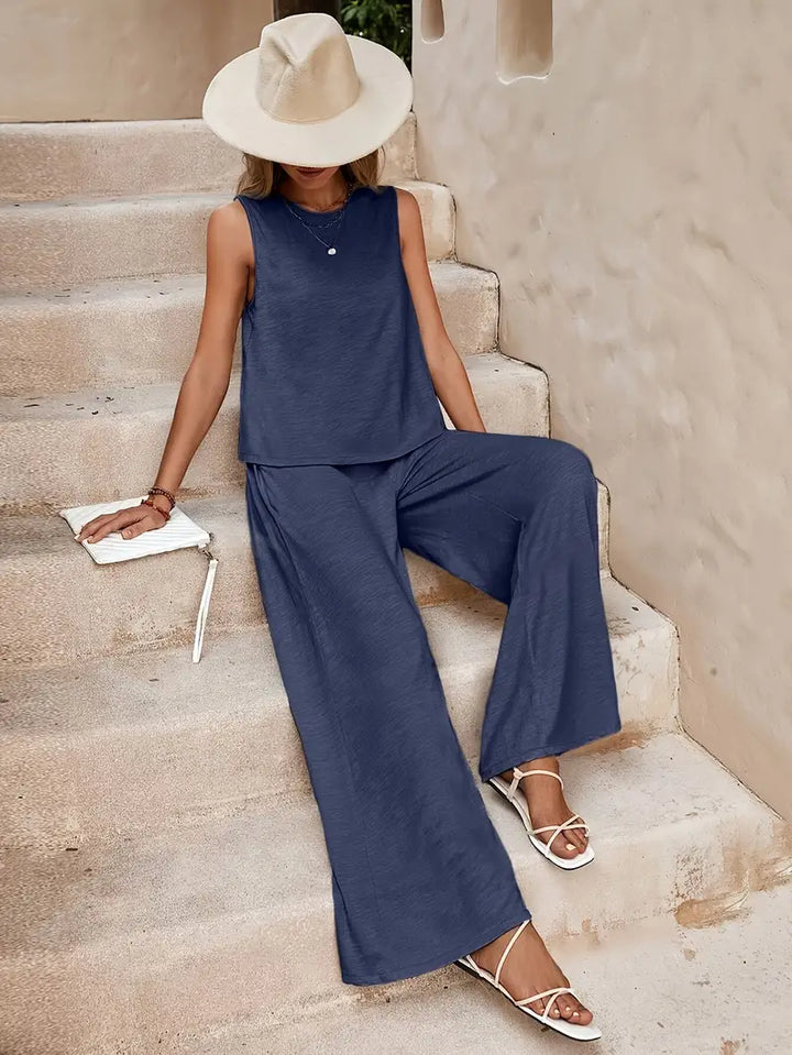 Women's Linen Sleeveless Top & Wide-Leg Pants Set