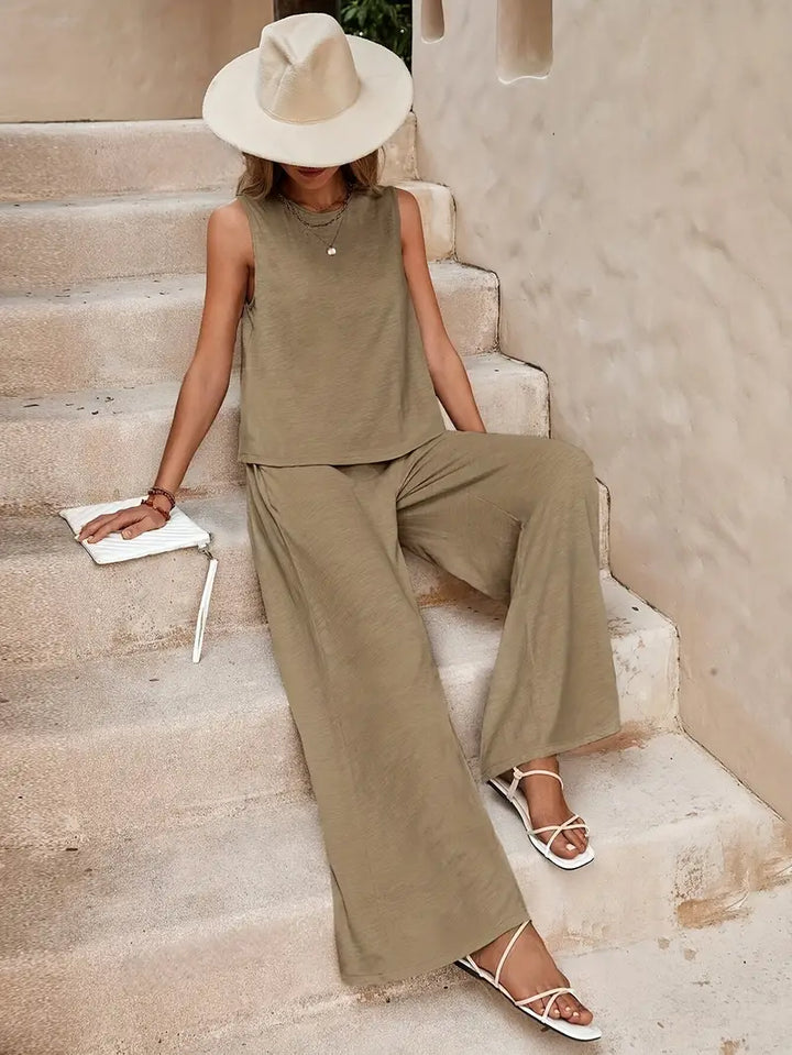 Women's Linen Sleeveless Top & Wide-Leg Pants Set