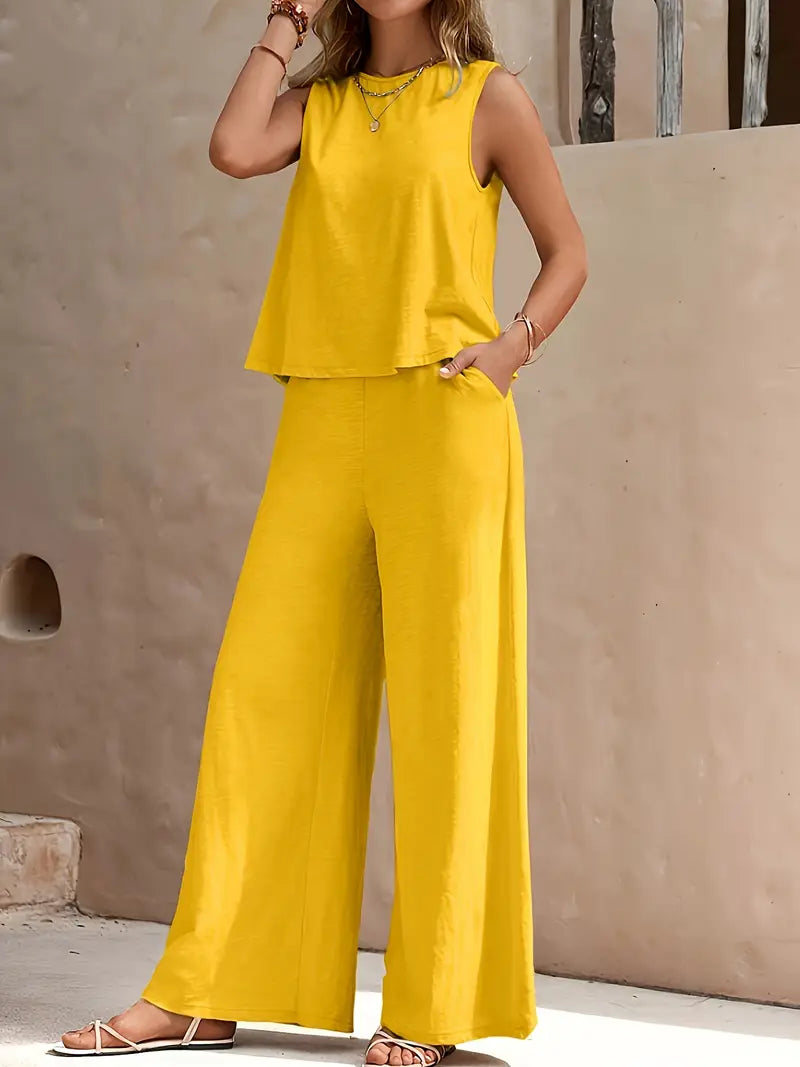 Women's Linen Sleeveless Top & Wide-Leg Pants Set