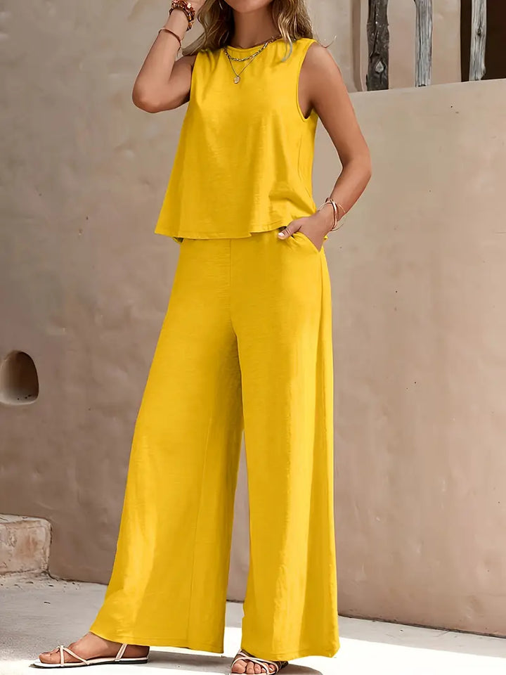 Women's Linen Sleeveless Top & Wide-Leg Pants Set