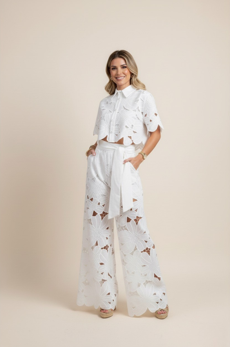 Women's Floral Cut Out Embroidery Two-Piece Linen Wide Leg Pant Set