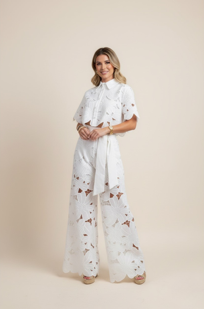 Women's Floral Cut Out Embroidery Two-Piece Linen Wide Leg Pant Set