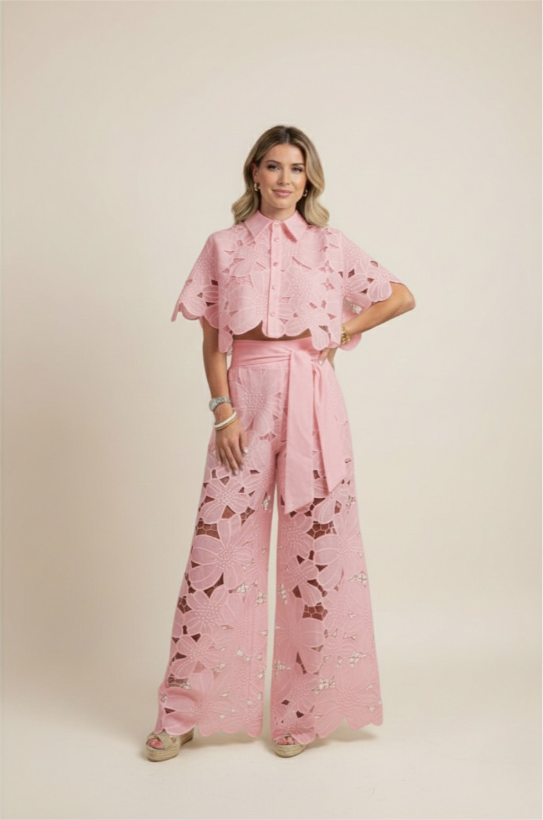 Women's Floral Cut Out Embroidery Two-Piece Linen Wide Leg Pant Set