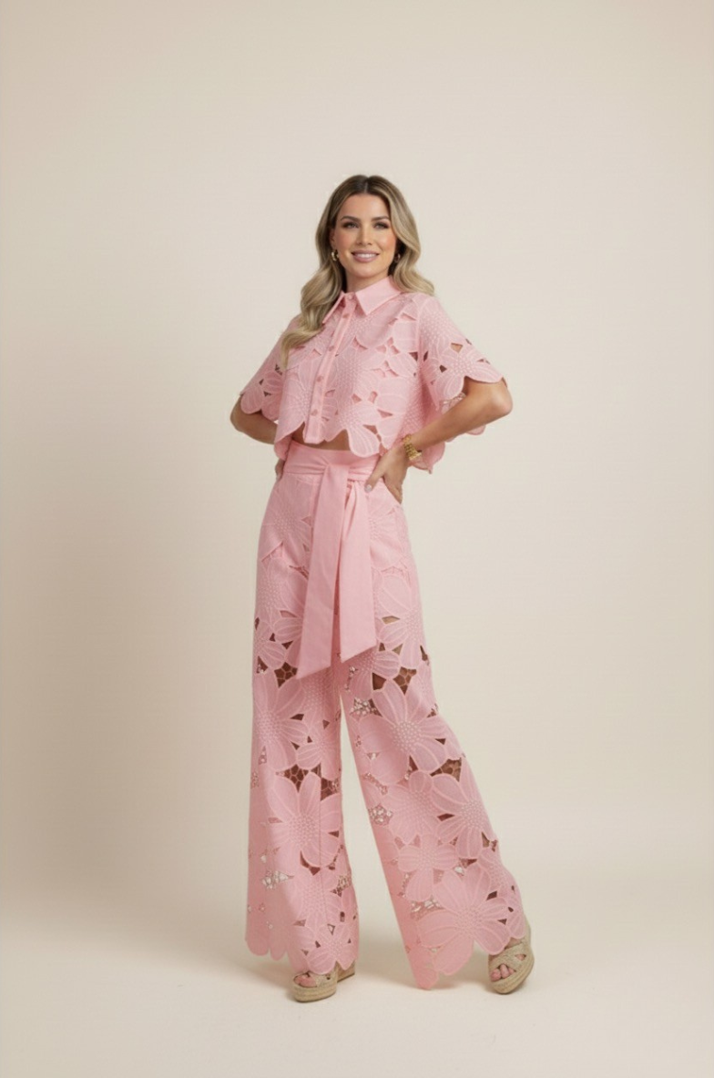 Women's Floral Cut Out Embroidery Two-Piece Linen Wide Leg Pant Set