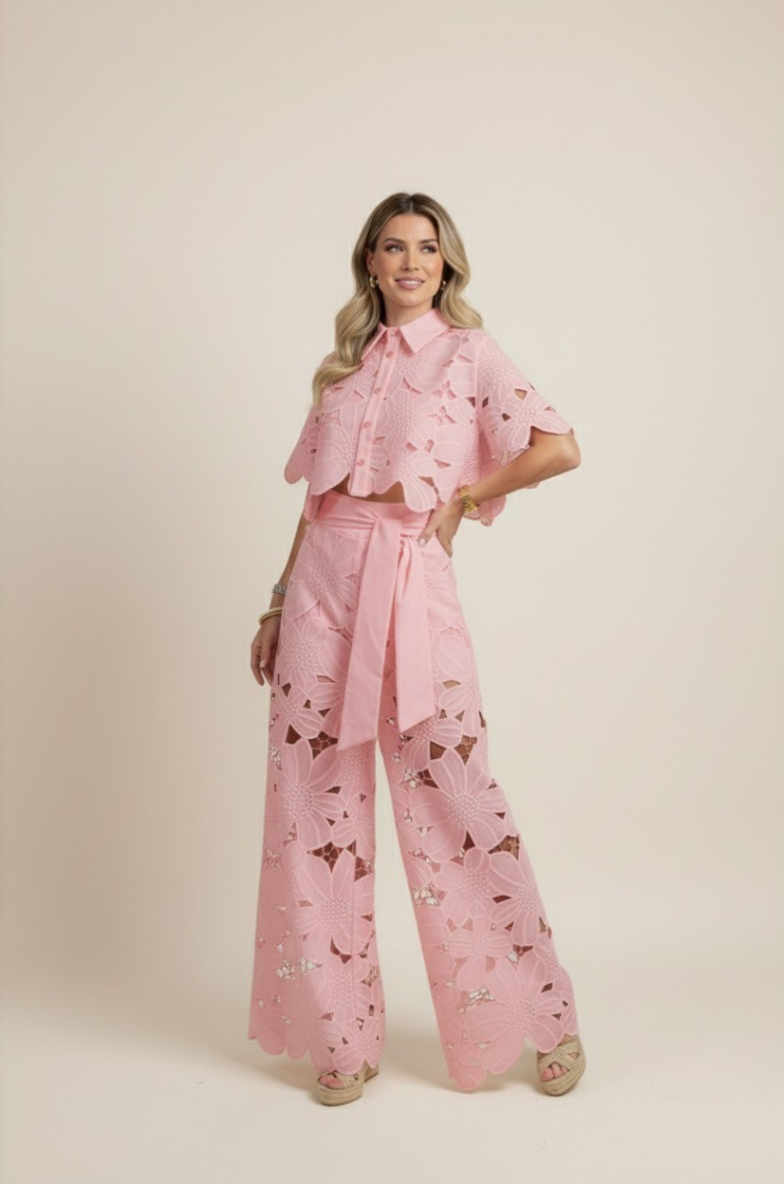 Women's Floral Cut Out Embroidery Two-Piece Linen Wide Leg Pant Set