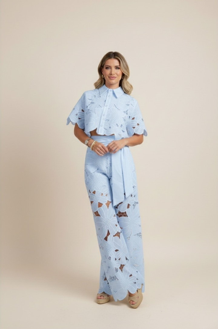 Women's Floral Cut Out Embroidery Two-Piece Linen Wide Leg Pant Set