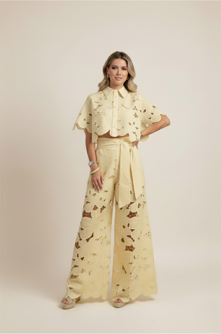 Women's Floral Cut Out Embroidery Two-Piece Linen Wide Leg Pant Set