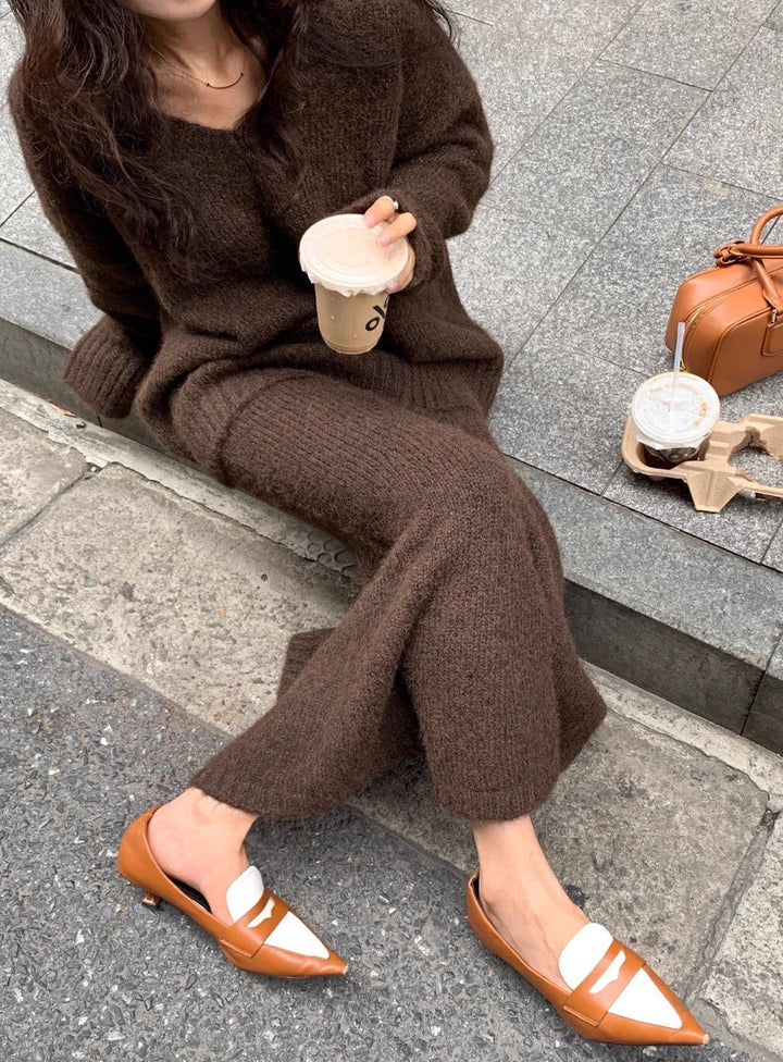 Morgan | Women's V-Neck Knit Sweater and Flare Midi Skirt Set