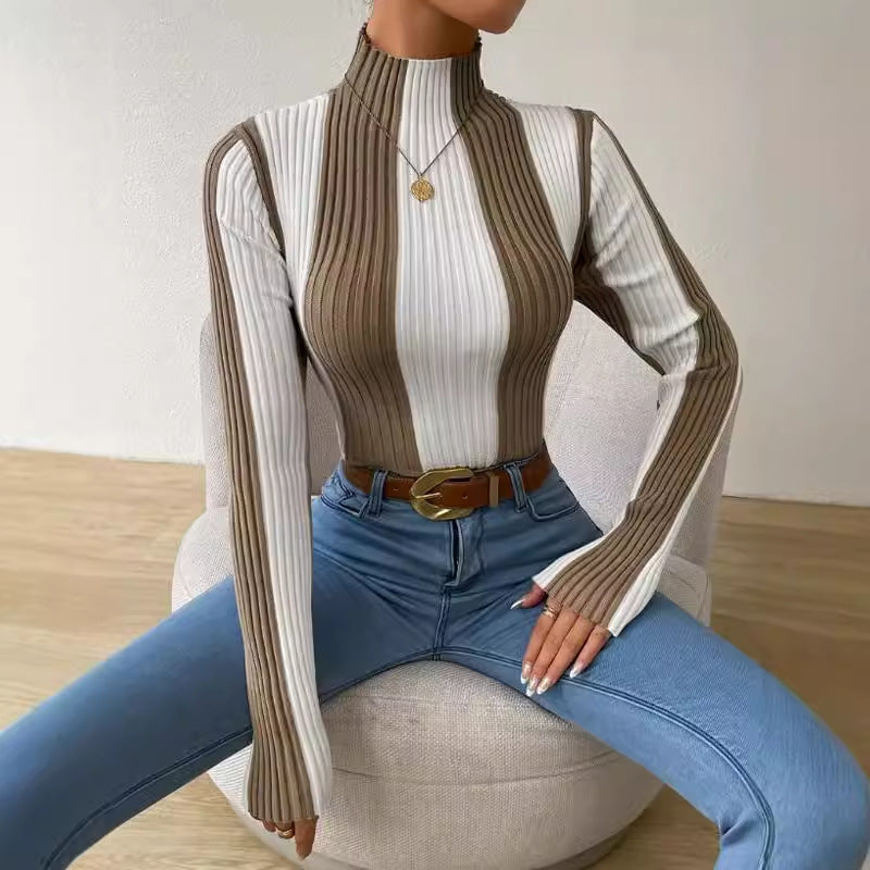 Julia | Women's Striped Mock Neck Long Sleeve Sweater