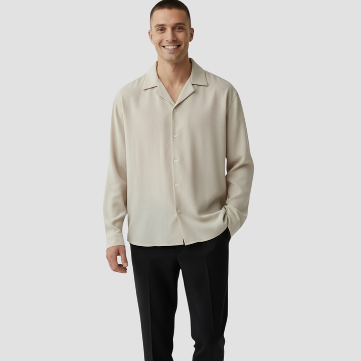 Men's Open Collar Long Sleeve Linen Shirt Relaxed Fit Lightweight
