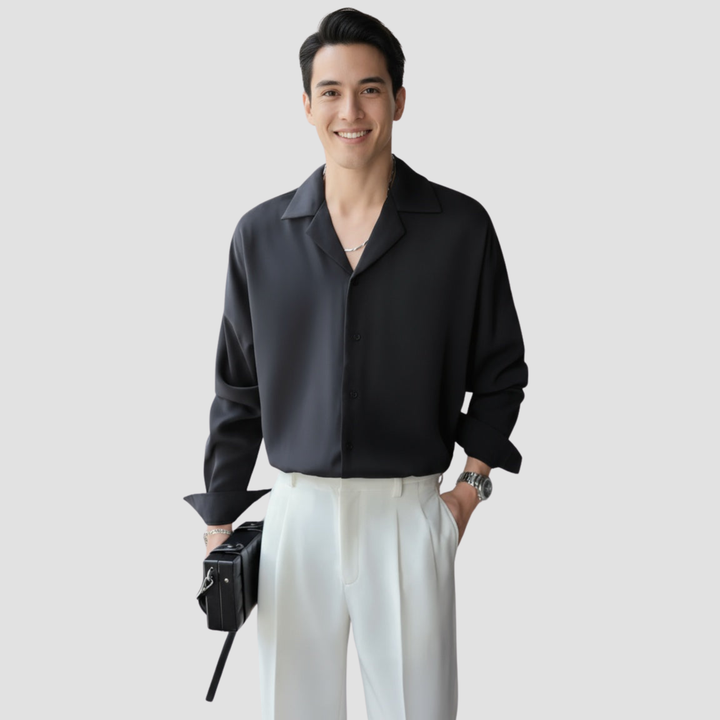 Men's Open Collar Long Sleeve Linen Shirt Relaxed Fit Lightweight