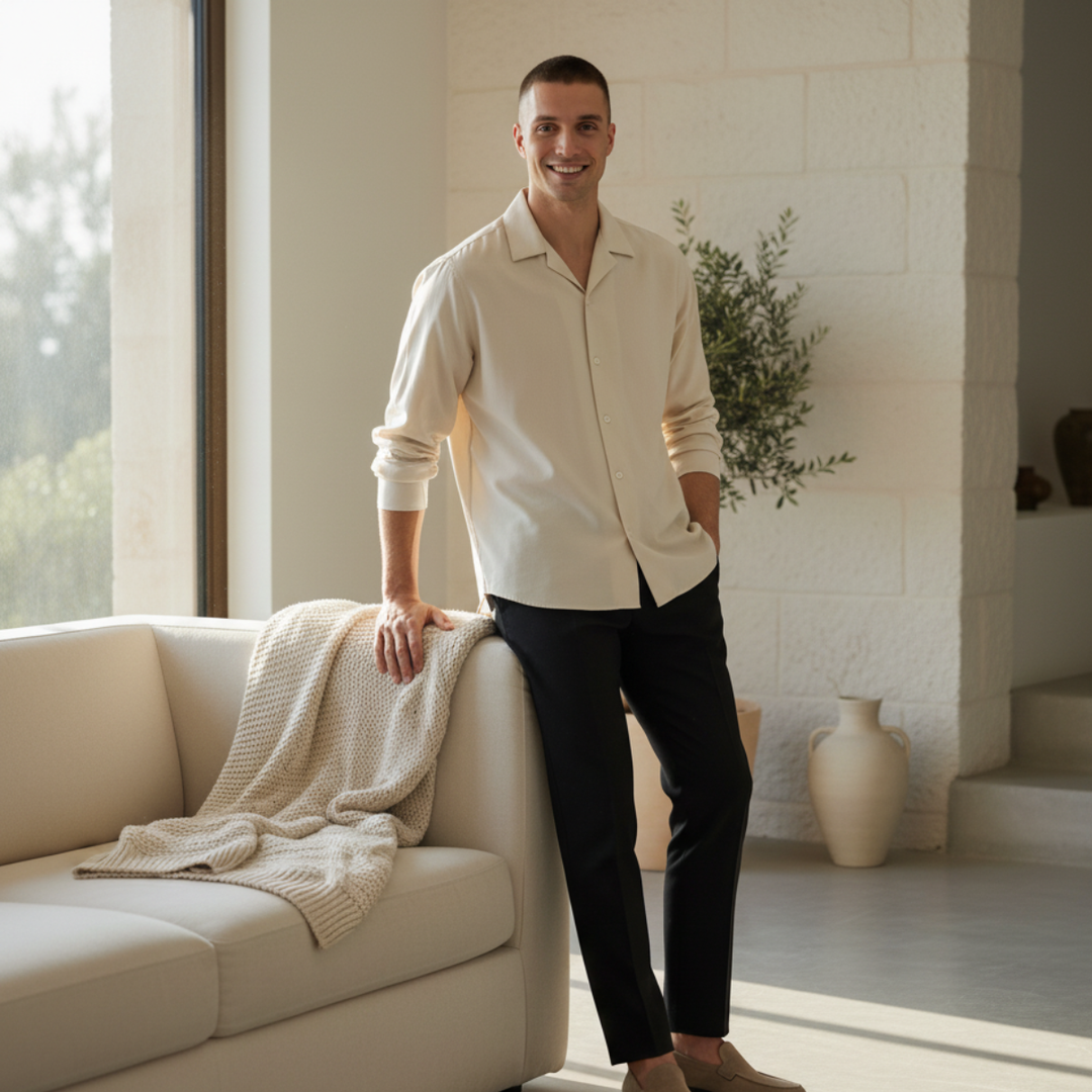 Men's Open Collar Long Sleeve Linen Shirt Relaxed Fit Lightweight