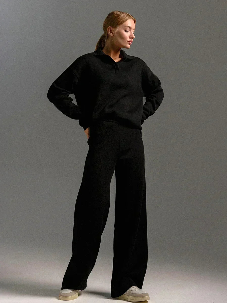 Women's Knit Collar Sweatshirt & Wide Leg Pants Two Piece Set