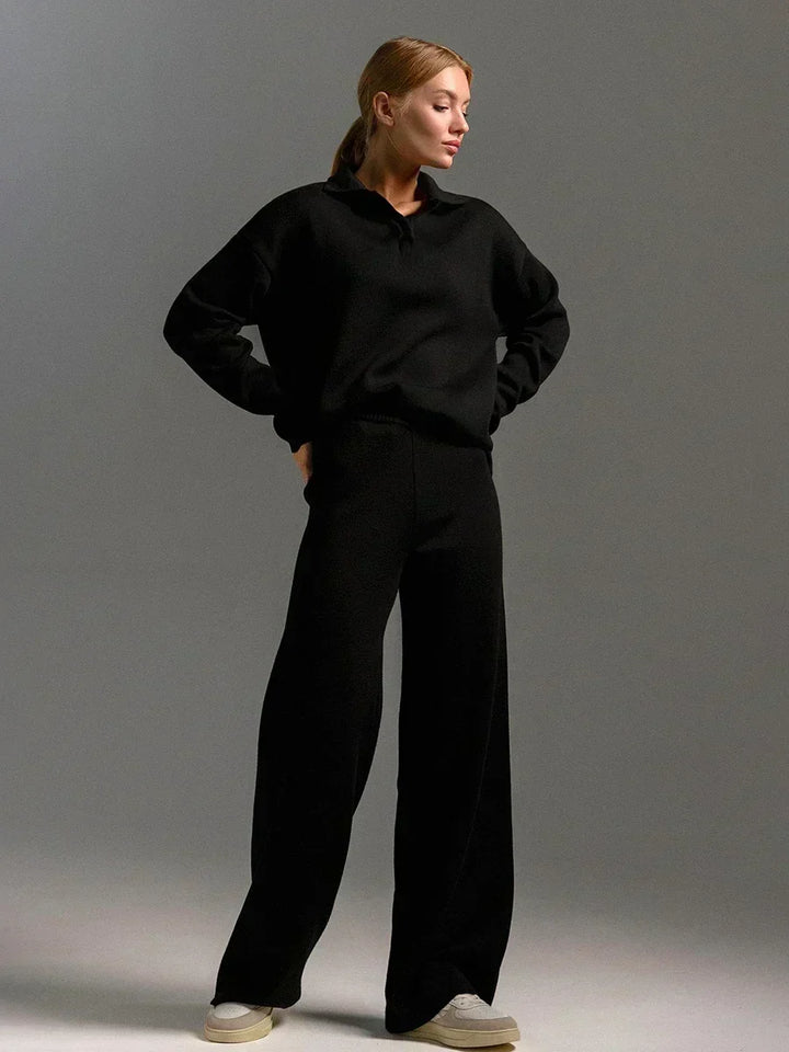 Women's Knit Collar Sweatshirt & Wide Leg Pants Two Piece Set