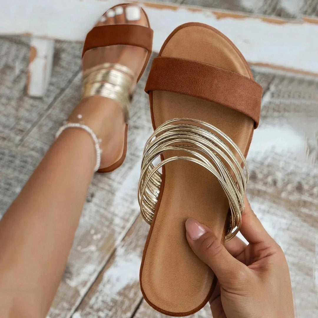 Leather Sandals Women Strapped Flat Open Toe Slides Slip On Shoes