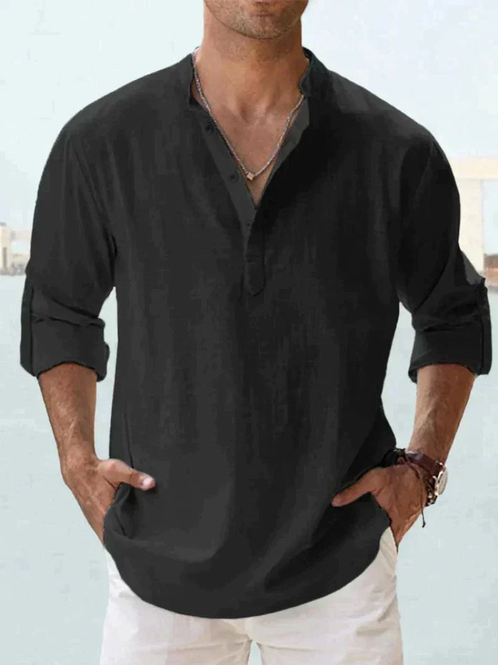Men's Linen Henley Long Sleeve Relaxed Fit Shirt