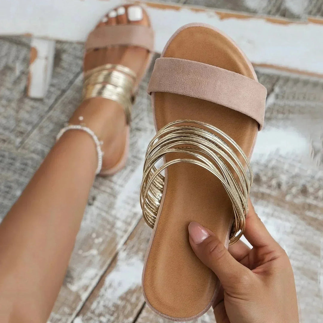 Leather Sandals Women Strapped Flat Open Toe Slides Slip On Shoes
