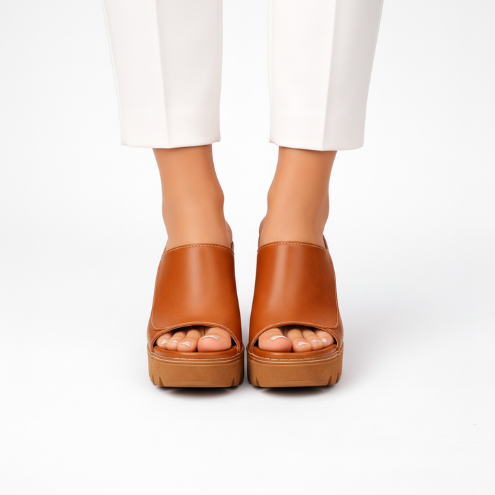 Women Leather Platform Mules Chunky High Heel Open Toe Sandals
