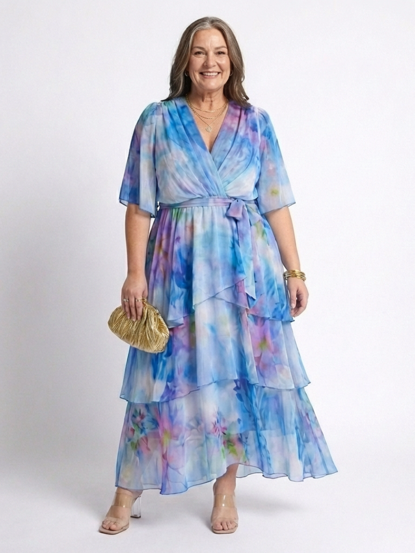 Women's Chiffon Floral Tiered Flutter Sleeve Maxi Dress
