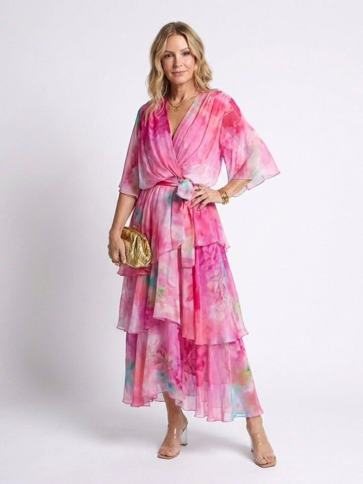 Women's Chiffon Floral Tiered Flutter Sleeve Maxi Dress