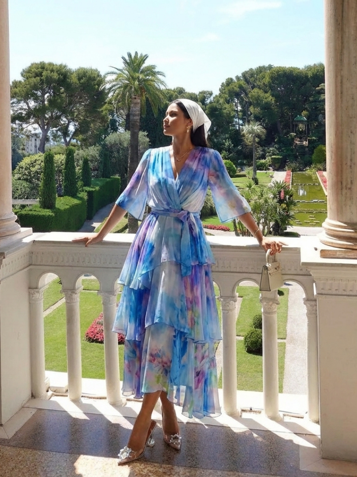 Women's Chiffon Floral Tiered Flutter Sleeve Maxi Dress