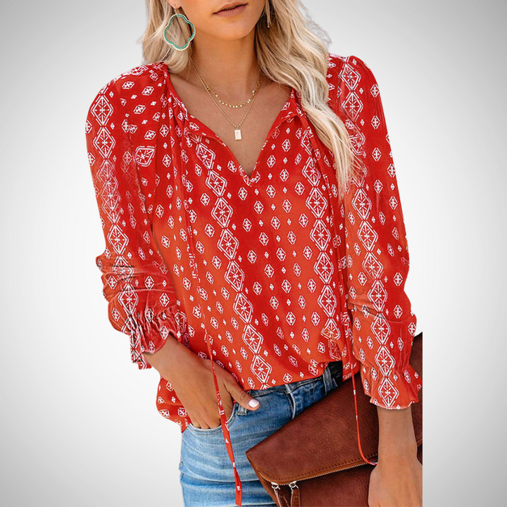 Cotton Blend Printed V-Neck Blouse Long Sleeve Top For Women