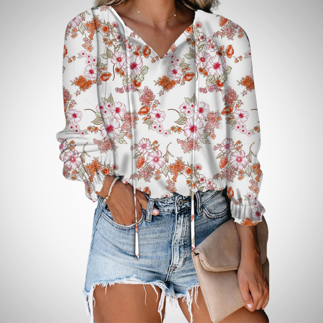 Cotton Blend Printed V-Neck Blouse Long Sleeve Top For Women