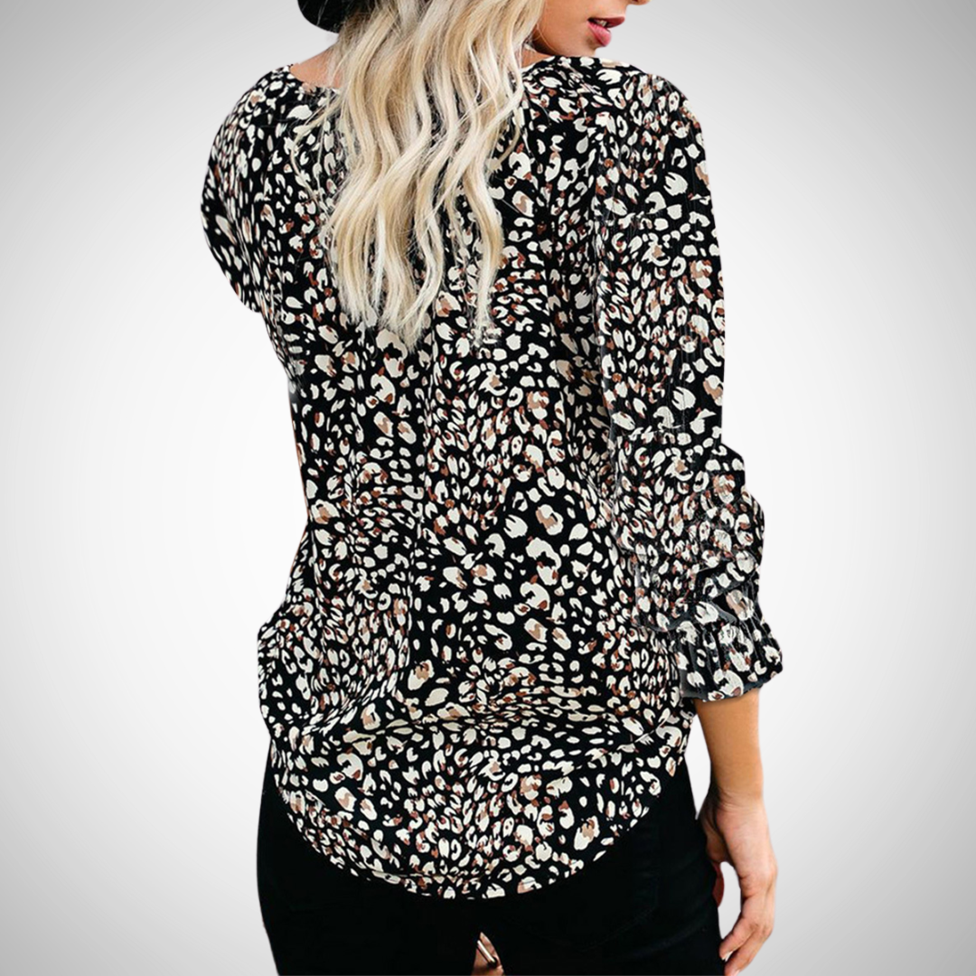 Cotton Blend Printed V-Neck Blouse Long Sleeve Top For Women
