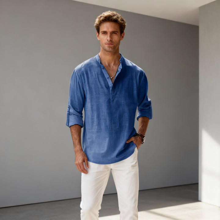 Men Henley Linen Shirt Men Long Sleeve Casual Top