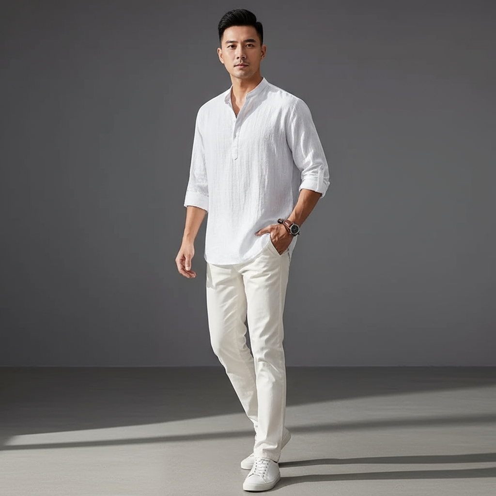 Men Henley Linen Shirt Men Long Sleeve Casual Top