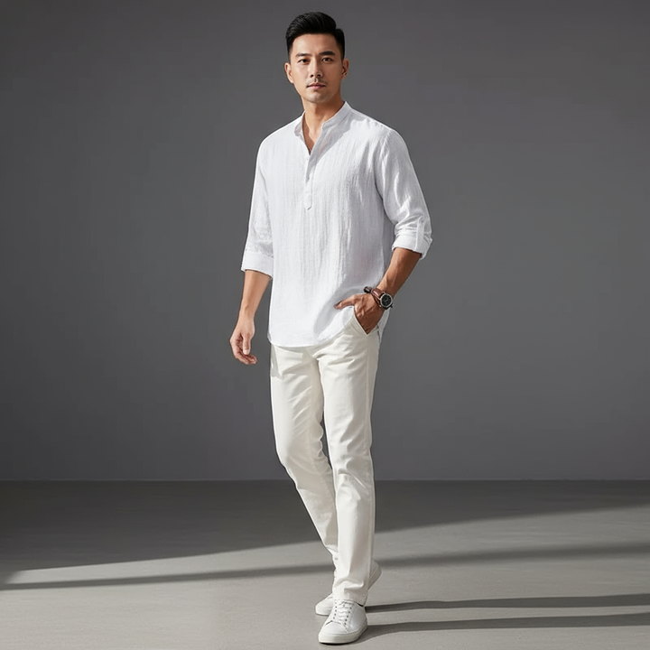 Men Henley Linen Shirt Men Long Sleeve Casual Top