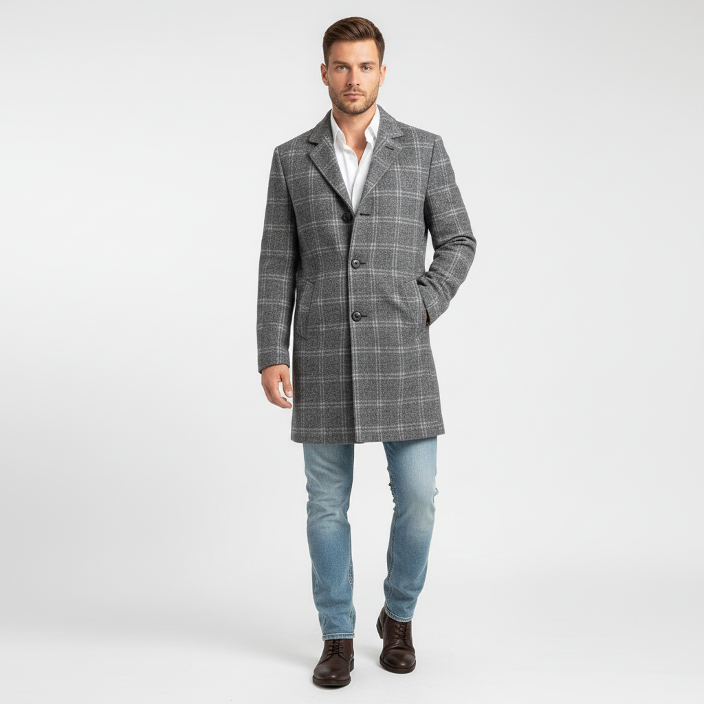 Men's Wool Overcoat Plaid Trench Jacket