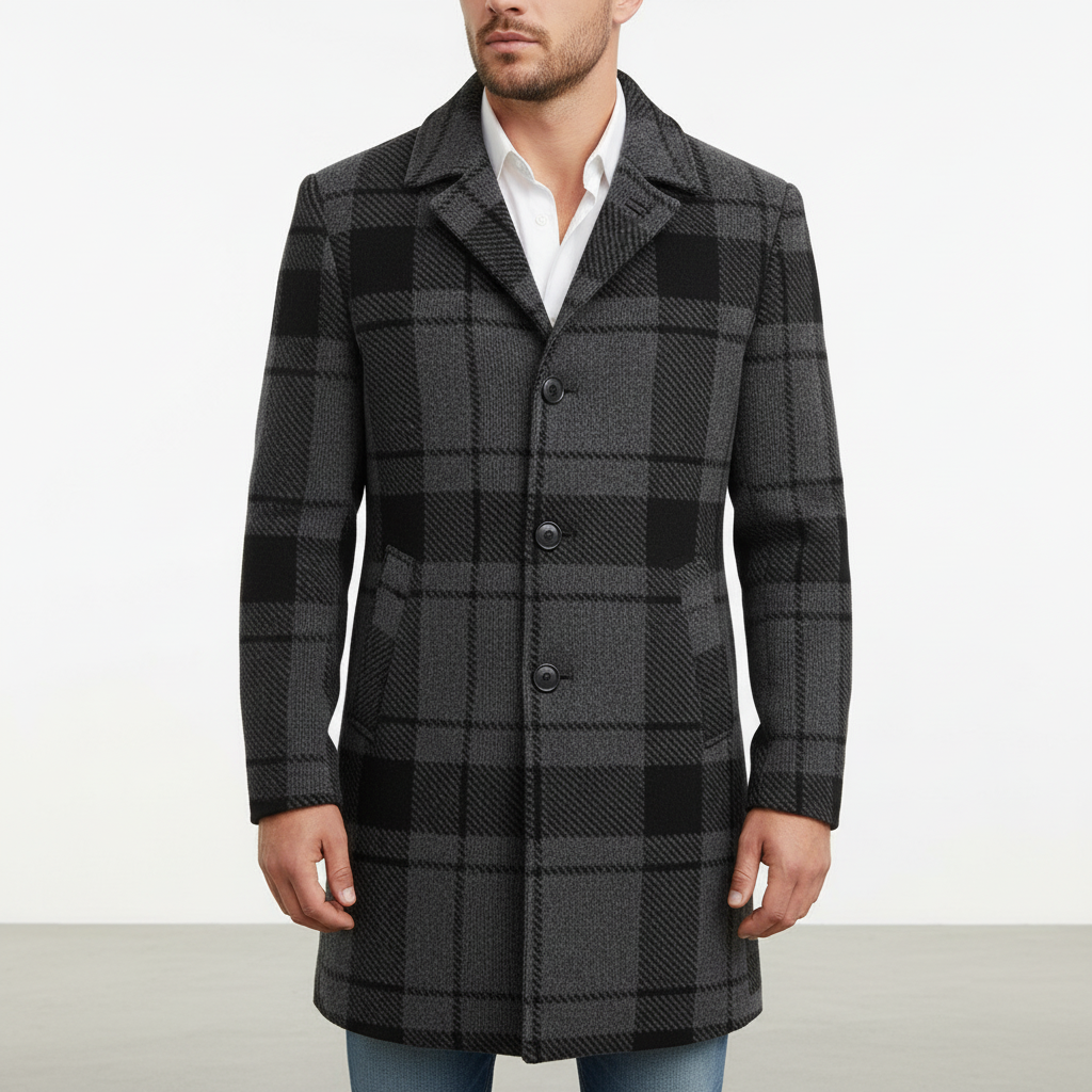 Men's Wool Overcoat Plaid Trench Jacket
