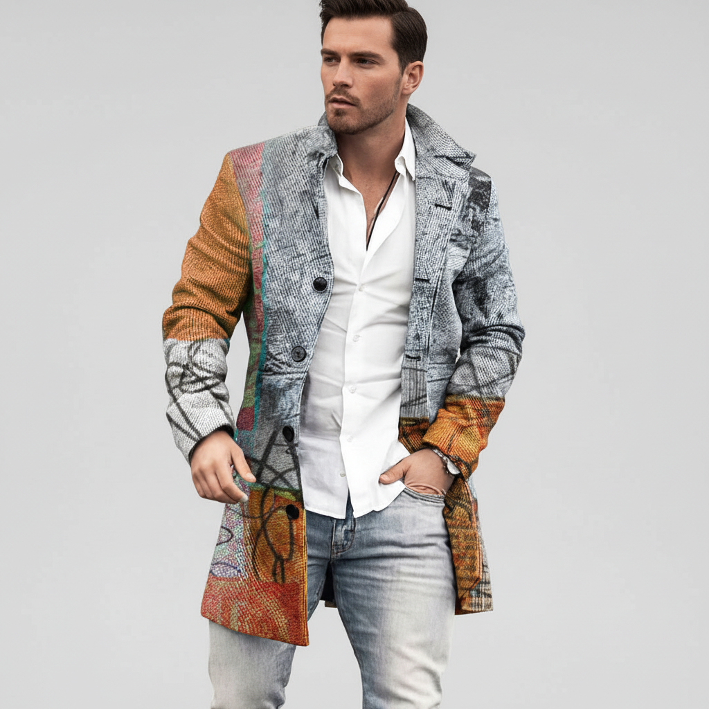 Men's Wool Overcoat Plaid Trench Jacket