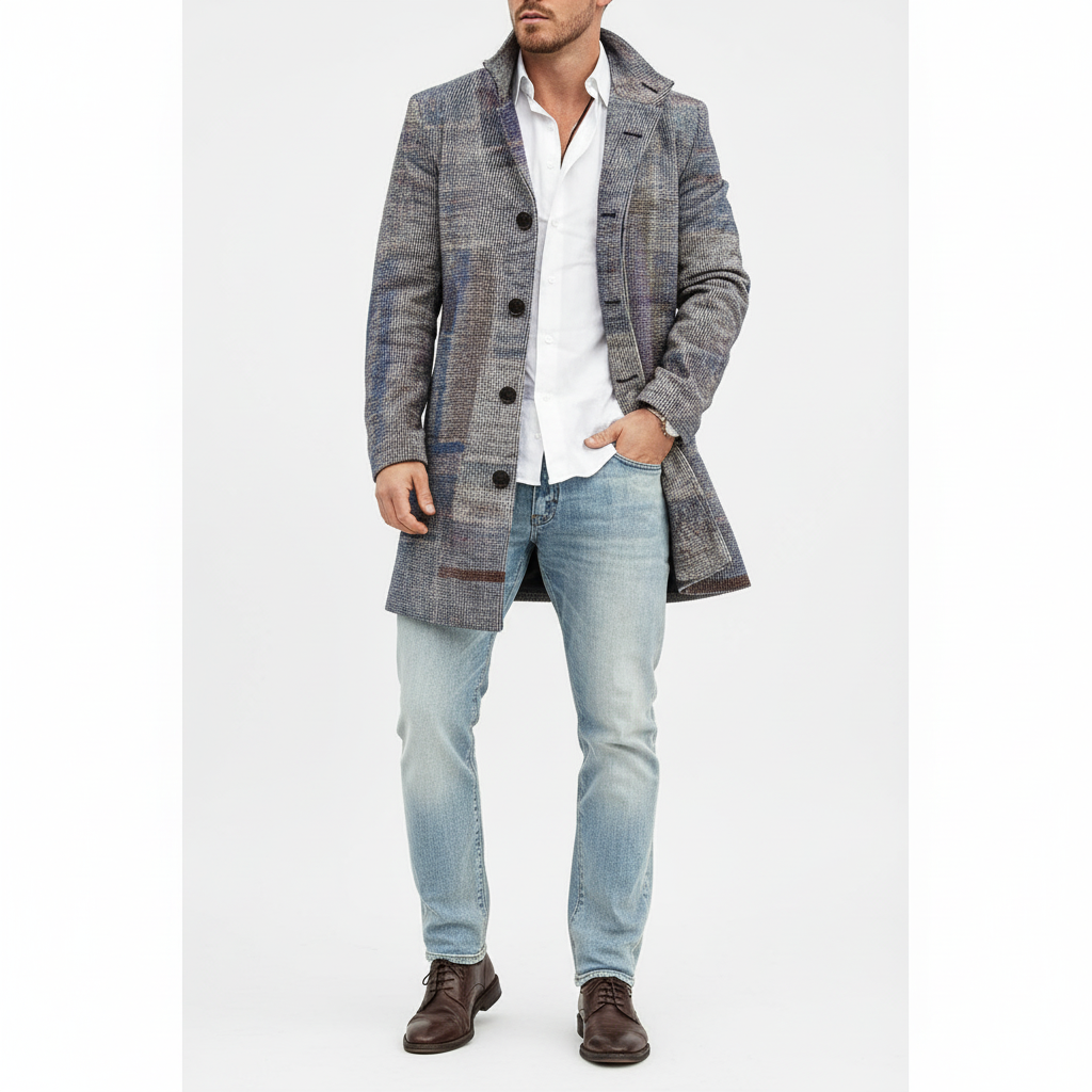 Men's Wool Overcoat Plaid Trench Jacket