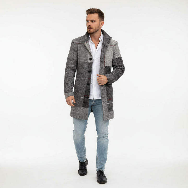 Men's Wool Overcoat Plaid Trench Jacket
