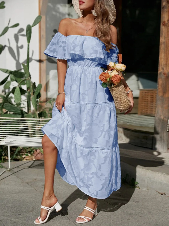 Off-Shoulder Ruched Midi Dress for Summer Wedding Guest