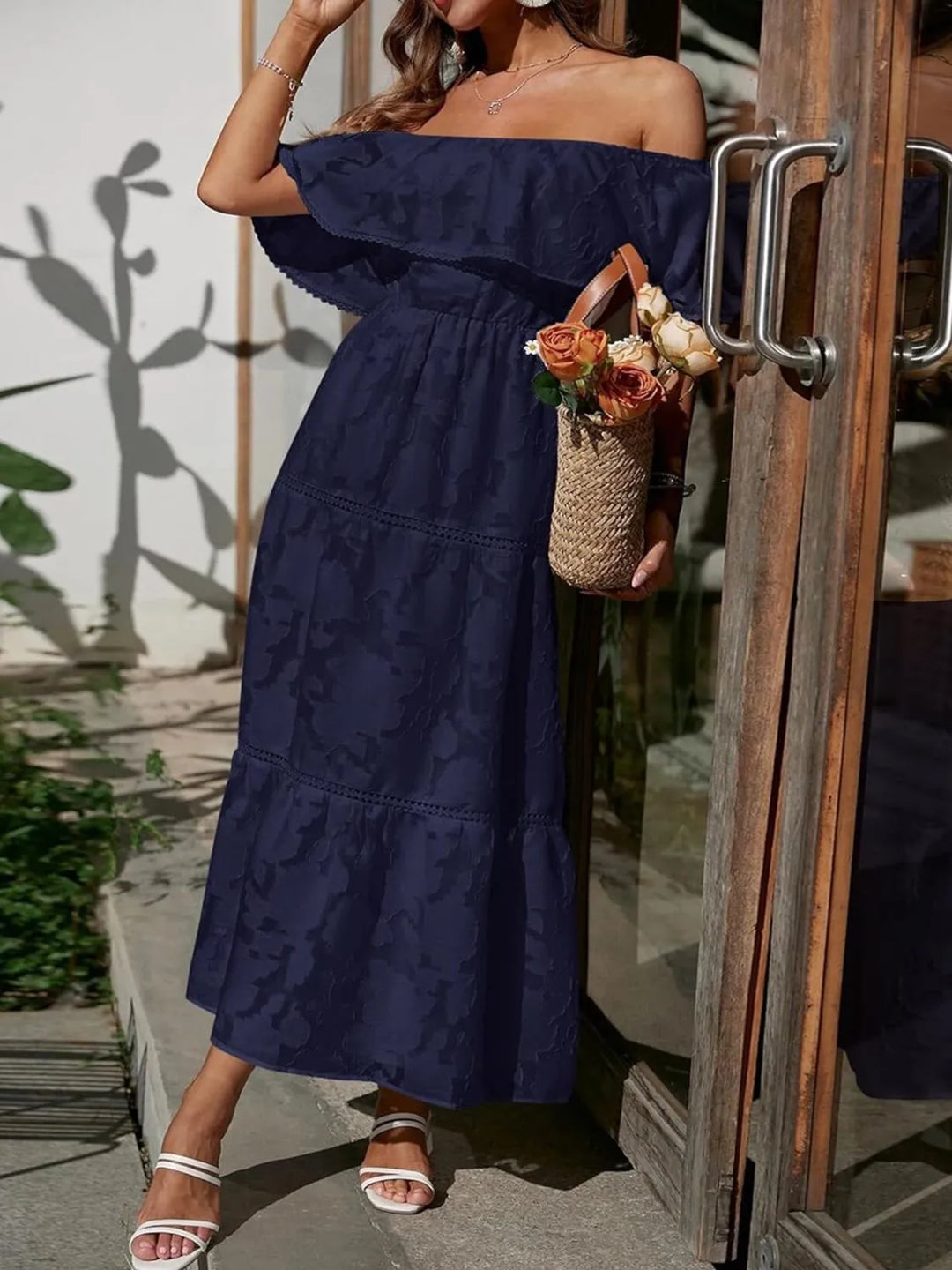 Off-Shoulder Ruched Midi Dress for Summer Wedding Guest