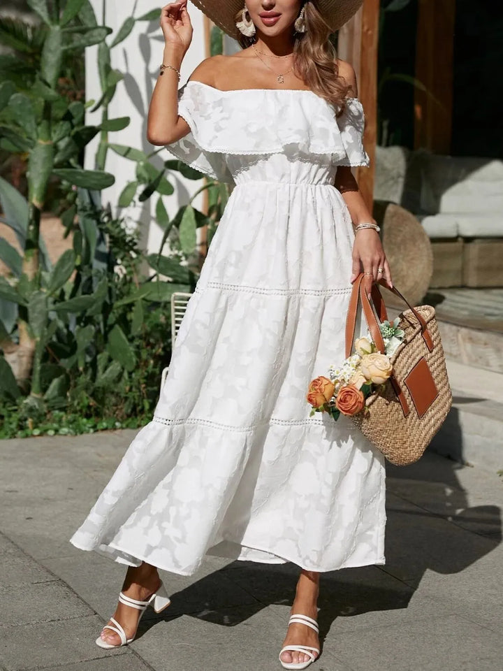 Off-Shoulder Ruched Midi Dress for Summer Wedding Guest