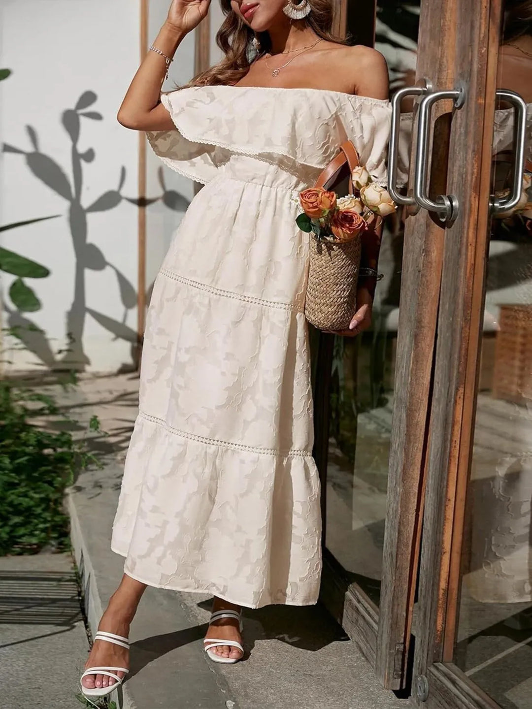 Off-Shoulder Ruched Midi Dress for Summer Wedding Guest