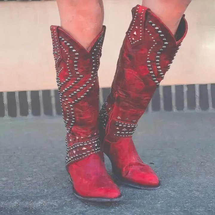Cheri | Edgy High Boots – Distressed Faux Leather – Rivet Detail – Thick Heel – Side Zipper