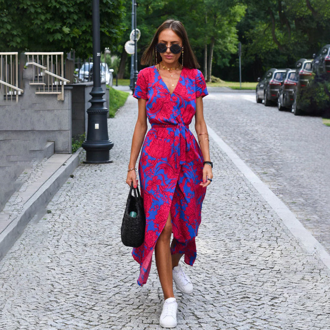 Floral Wrap Maxi Dress Women Wool Mix V-Neck Short Sleeve Casual Dress