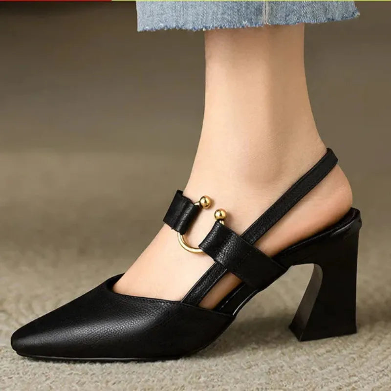 Leather Pointed Toe Heels Women Black Block Heel Slingbacks