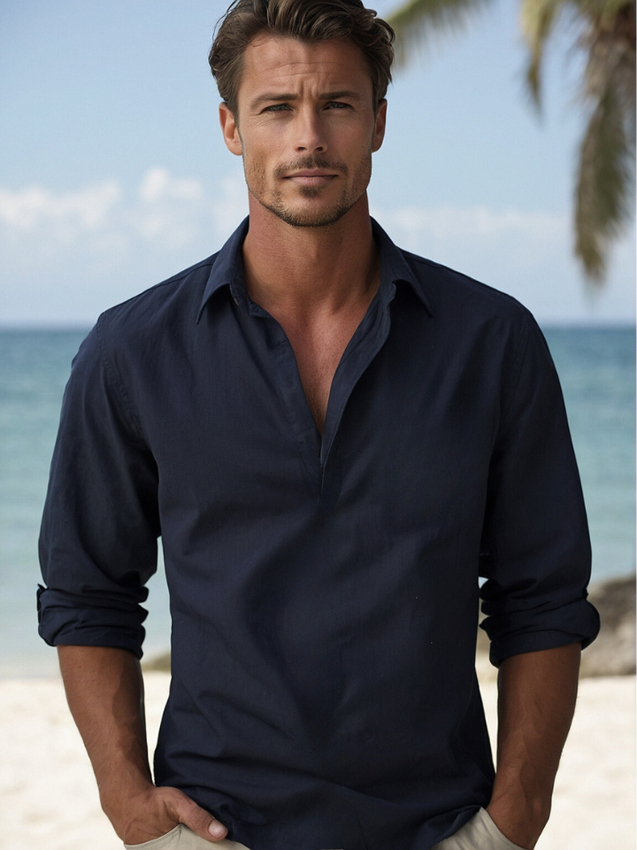 Men's Linen Henley Long Sleeve Relaxed Fit Shirt