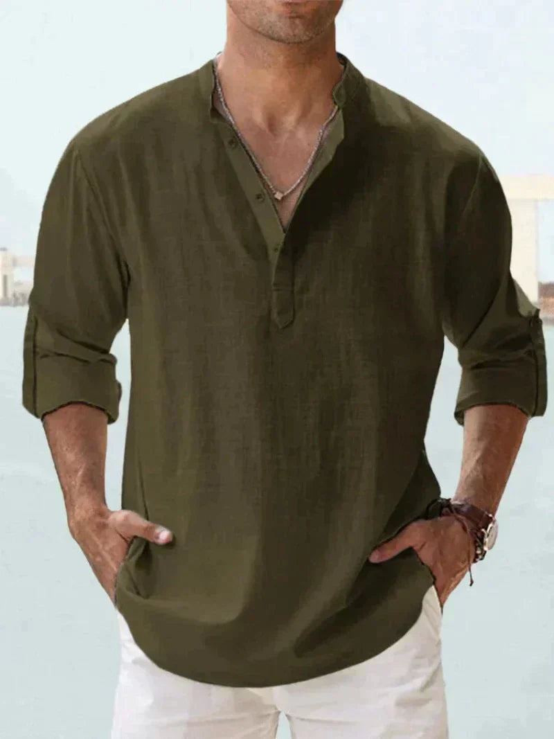 Men's Linen Henley Long Sleeve Relaxed Fit Shirt